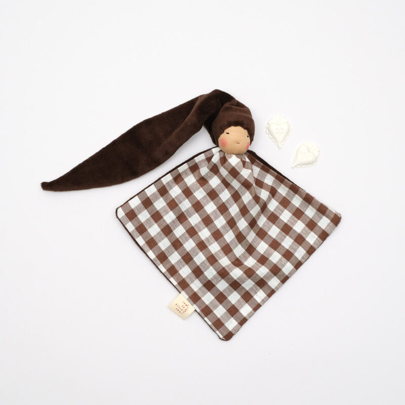 Doudou Tiny Waldorf réversible français pour bébé, verso velours chocolat